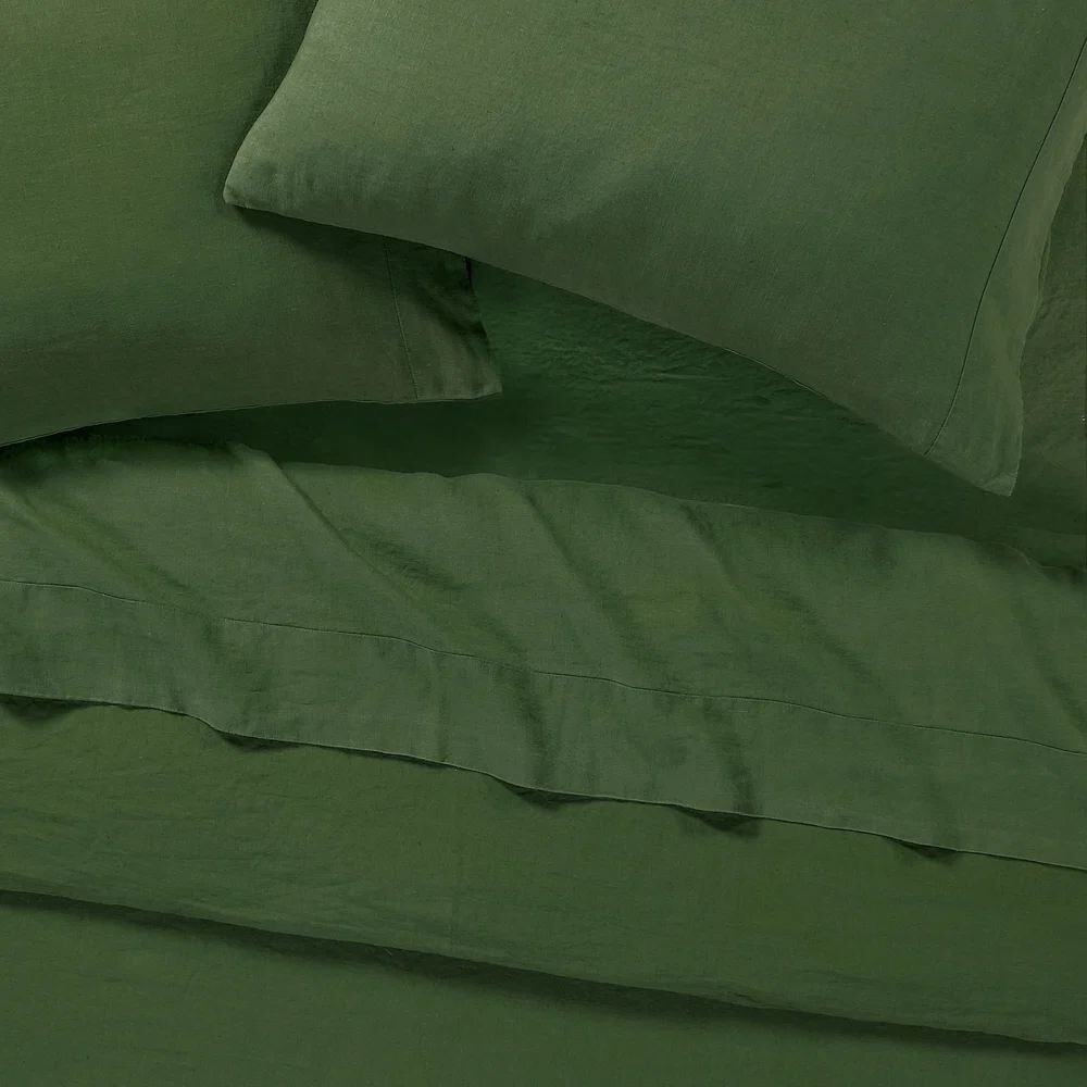 NWT Sijo Organic French Linen Set 3 Pc -2 Pillowcases 1 Sheet Forest Green King